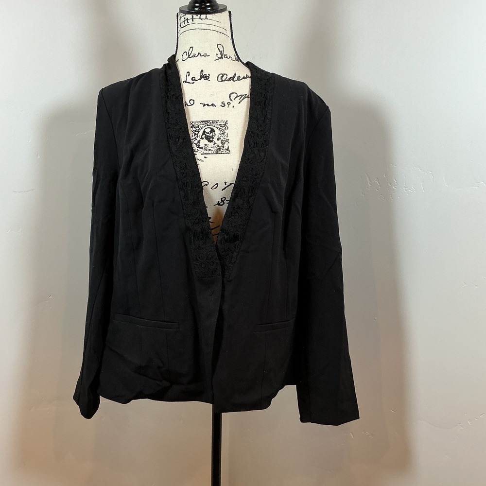 Lane Bryant Black Lace Trim Collarless Open Front Blazer Jacket Plus Size 20‎